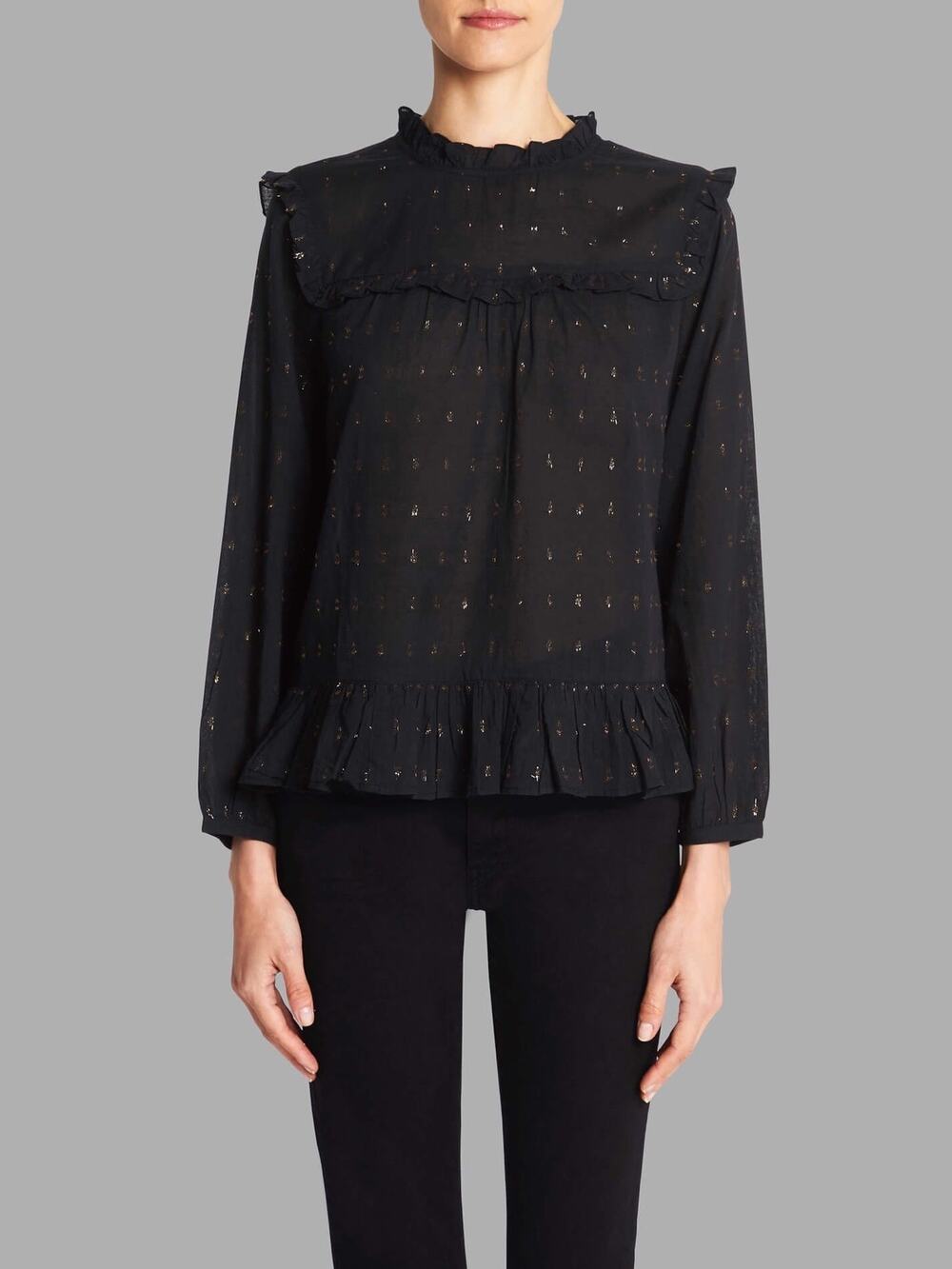 Joie Gianella Black Gold Swiss Dot Metallic Ruffle Puff Sleeve Babydoll Top S